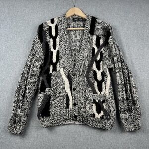 Vintage Street Scenes Cardigan Mens Large Gray Sweater Geometric 90s Grandpa